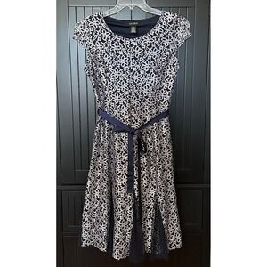 Lia Lee Navy Dress Small Lace Sequin Fit Flare Ribbon Waist Cap Sleeve Elegant